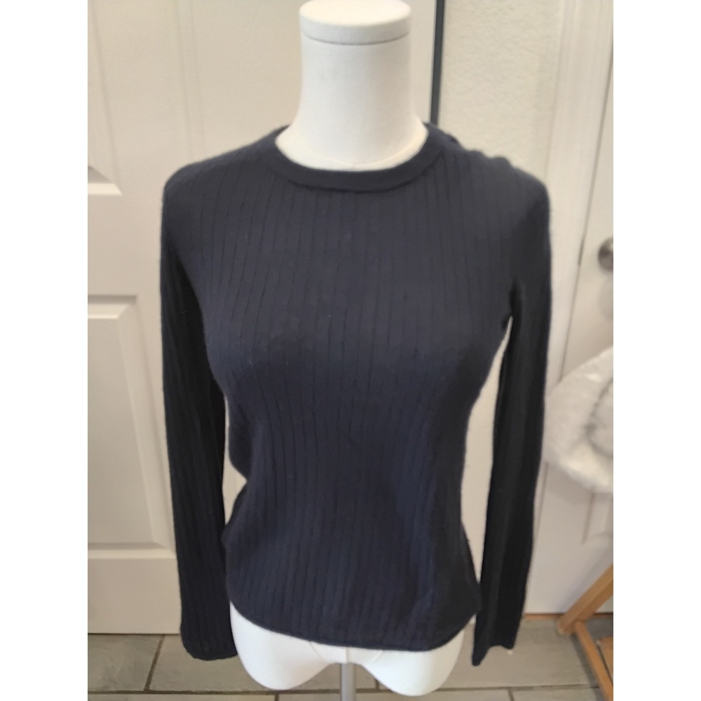 Jenni Kayne Navy Blue Ribbed Cashmere Silk Blend Sweater XS Long Sleeve Crewneck
